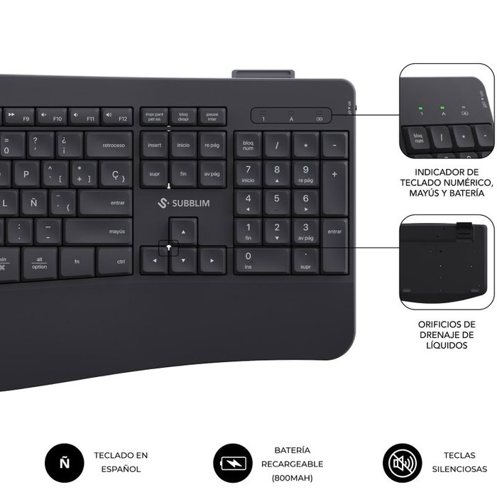 Subblim Combo Dual Office Prowave Black - Teclado y Ratón Ergonómicos